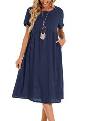 Lpecmin Women's Summer Cotton Linen Midi Dress with Pockets