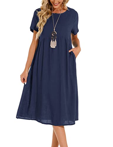 Lpecmin Women's Summer Cotton Linen Midi Dress with Pockets