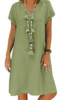 Women's Summer Linen V Neck Midi Dress Short Sleeve