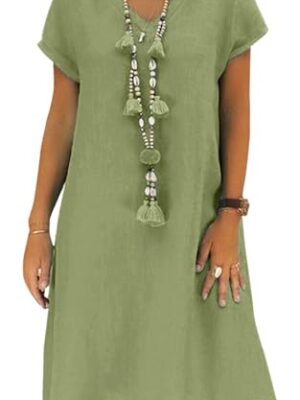 Women's Summer Linen V Neck Midi Dress Short Sleeve