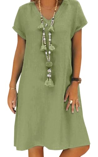 Women's Summer Linen V Neck Midi Dress Short Sleeve