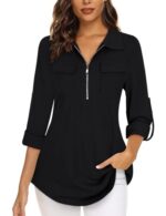 3/4 Sleeve Floral Zip V-Neck Tunic Blouse
