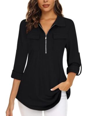 3/4 Sleeve Floral Zip V-Neck Tunic Blouse