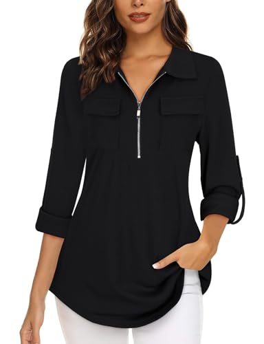 3/4 Sleeve Floral Zip V-Neck Tunic Blouse