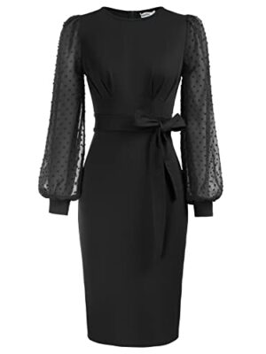 Bodycon Dress with Belt, Swiss Dot Sleeves