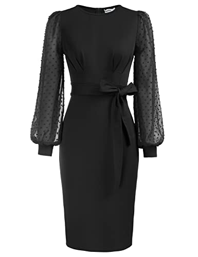Bodycon Dress with Belt, Swiss Dot Sleeves