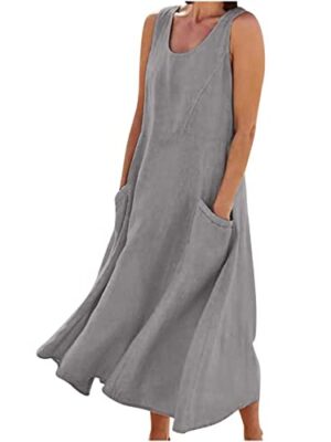 AMhomely Women's Elegant Sleeveless Cotton Linen Dress