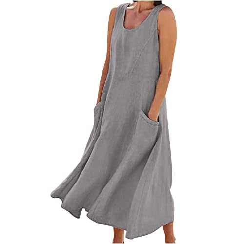 AMhomely Women's Elegant Sleeveless Cotton Linen Dress