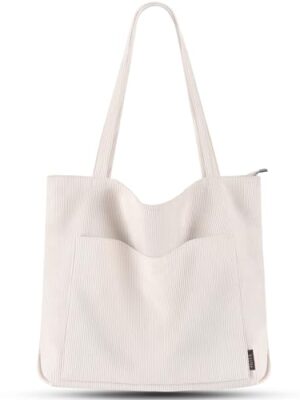 Corduroy Tote Bag with Zipper