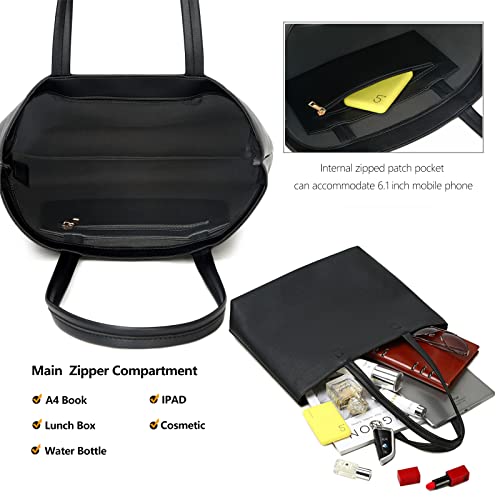 PU Leather Tote Handbag with Zip (Black)