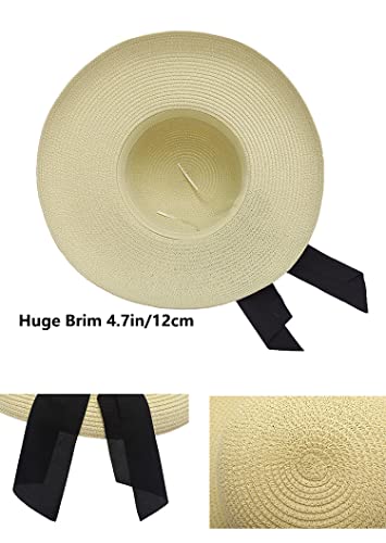 Wide Brim Straw Hat with Bow, Beige