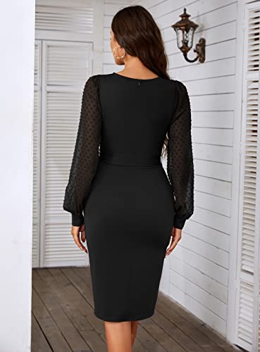 Bodycon Dress with Belt, Swiss Dot Sleeves