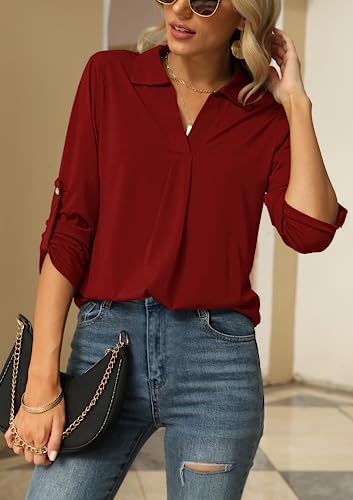 V Neck Tunic Blouse with Rolled Sleeves