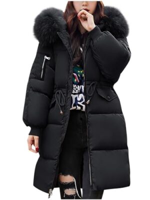 Mid-length Down Puffer Coat with Fur Hood