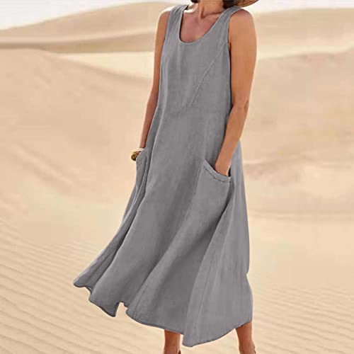 AMhomely Women's Elegant Sleeveless Cotton Linen Dress