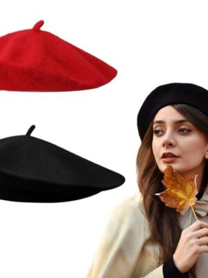2 Pcs French Beret, Unisex, One Size (Black, Red)