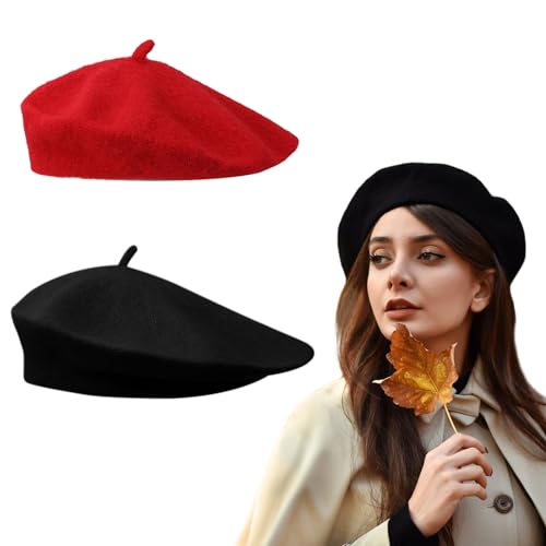 2 Pcs French Beret, Unisex, One Size (Black, Red)