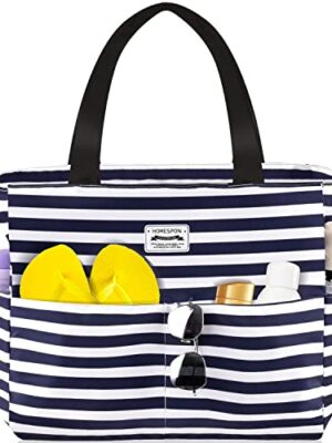 HOMESPON Waterproof Beach Tote Bag with Zip (Blue Stripes)