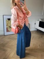 Tie Front Peplum Lantern Sleeve Blouse