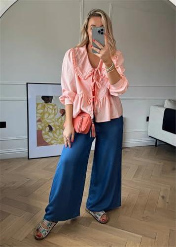 Tie Front Peplum Lantern Sleeve Blouse