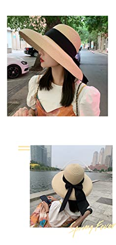 Wide Brim Straw Hat with Bow, Beige
