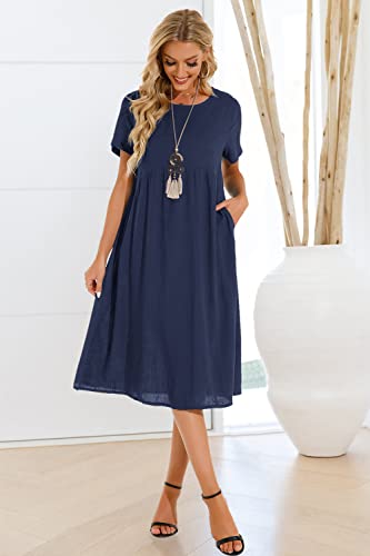 Lpecmin Women's Summer Cotton Linen Midi Dress with Pockets