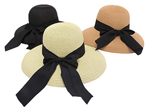 Wide Brim Straw Hat with Bow, Beige