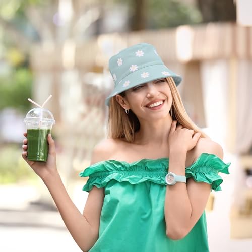 Reversible Cotton Bucket Hat, Daisies Print, Black/Green