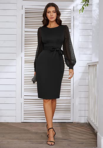 Bodycon Dress with Belt, Swiss Dot Sleeves