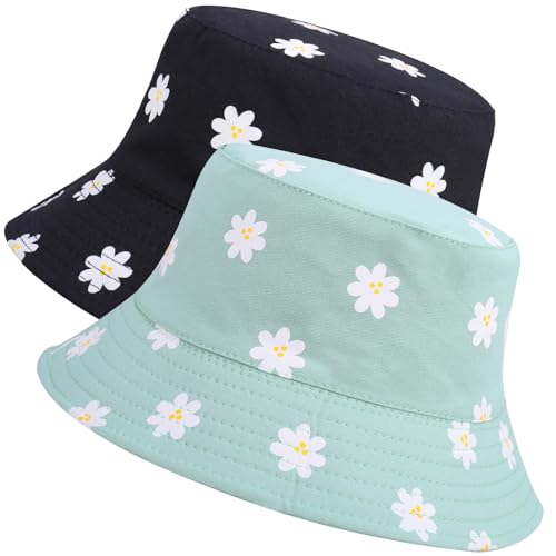 Reversible Cotton Bucket Hat, Daisies Print, Black/Green
