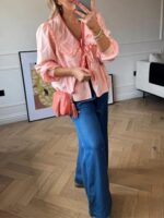 Tie Front Peplum Lantern Sleeve Blouse