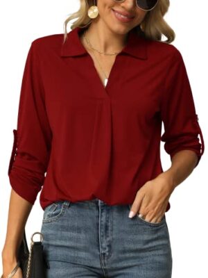 V Neck Tunic Blouse with Rolled Sleeves