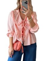 Tie Front Peplum Lantern Sleeve Blouse