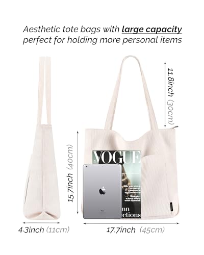 Corduroy Tote Bag with Zipper