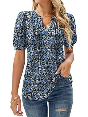 V Neck Puff Sleeve Floral Tunic Blouse