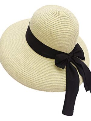 Wide Brim Straw Hat with Bow, Beige