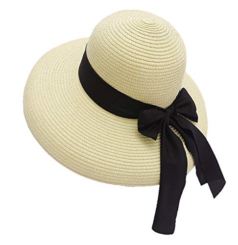 Wide Brim Straw Hat with Bow, Beige