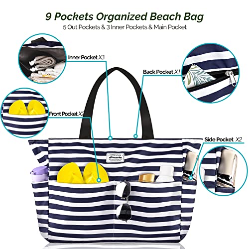 HOMESPON Waterproof Beach Tote Bag with Zip (Blue Stripes)