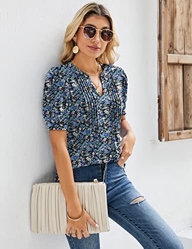 V Neck Puff Sleeve Floral Tunic Blouse