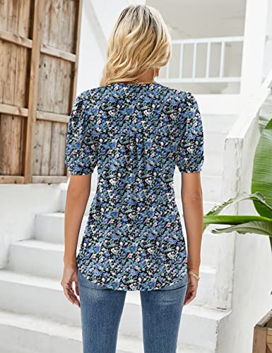V Neck Puff Sleeve Floral Tunic Blouse