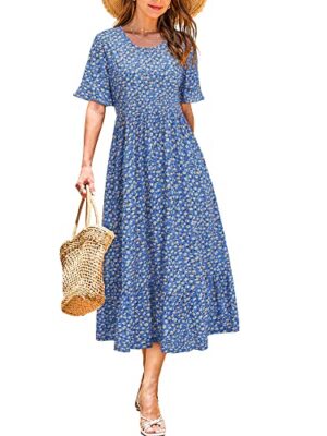 Floral Short Sleeve Midi Dress with Pockets