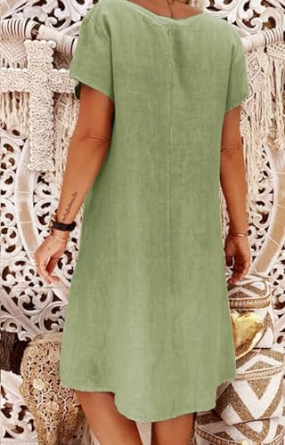 Women's Summer Linen V Neck Midi Dress Short Sleeve