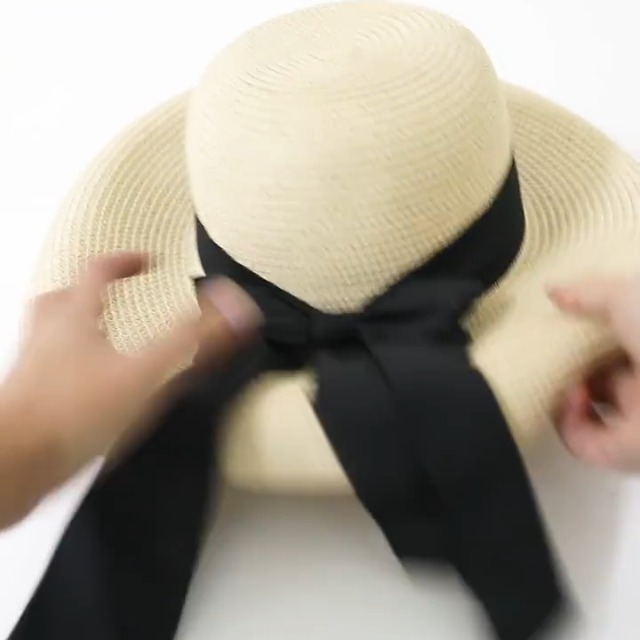 Wide Brim Straw Hat with Bow, Beige