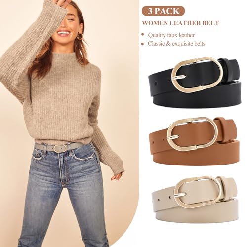 3 Pack Leather Belts with Golden Buckle