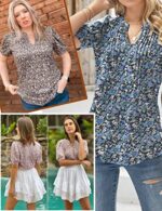 V Neck Puff Sleeve Floral Tunic Blouse