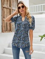 V Neck Puff Sleeve Floral Tunic Blouse