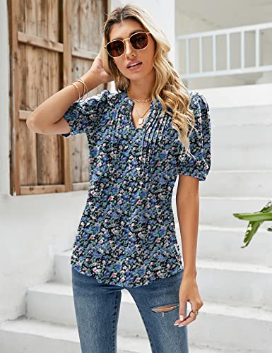 V Neck Puff Sleeve Floral Tunic Blouse