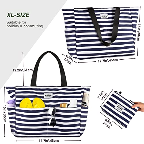 HOMESPON Waterproof Beach Tote Bag with Zip (Blue Stripes)