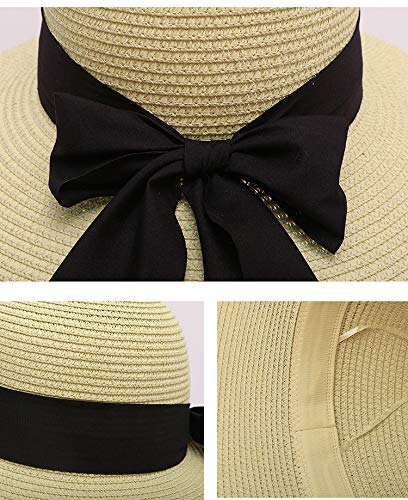 Wide Brim Straw Hat with Bow, Beige
