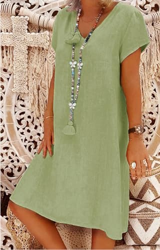 Women's Summer Linen V Neck Midi Dress Short Sleeve